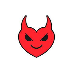 Red angry and evil heart with face and devil horns. Vector cartoon illustration with character on white background.