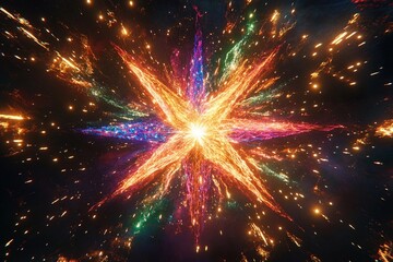 Cosmic explosion showcasing vibrant colors and swirling particles in deep space