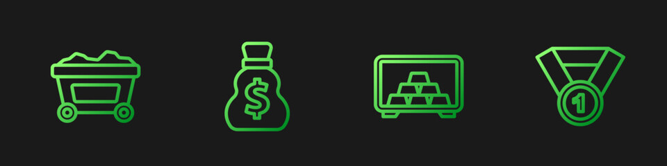 Fototapeta premium Set line Safe with gold bars, Mine cart, Old money bag and Gold medal. Gradient color icons. Vector