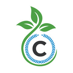 Eco Logo On Letter C With Green Leaf and Ribbon Symbol
