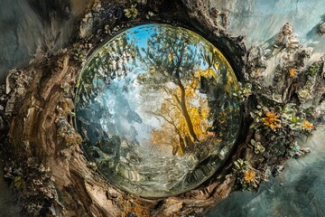 Unique view through tree bark showcasing a quiet lake reflecting autumn foliage and dramatic clouds at sunset