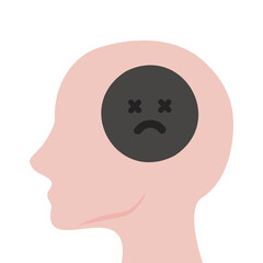 Human head with sad emoji faces. Depression, mental health, pressure, anxiety, burnout concept. Flat character vector design isolated illustration.