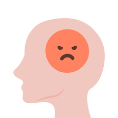 Human head with angry emoji faces. Mental health, pressure, feeling, argument, conflict concept. Flat character vector design isolated illustration.