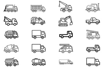 Set of 20 Construction and Utility Vehicle Icons – Line Style Vector Illustrations of Trucks, Cranes, Pickups, Garbage Trucks, Cement Mixers, Fire Trucks, and More – Side View Monoline Transport Icons