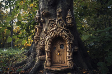 Fototapeta premium Wooden door carved into a tree trunk surrounded by autumn leaves in a forest setting