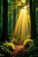Sunbeams dappling forest floor, creating golden light patterns, leaves, rays, woodland