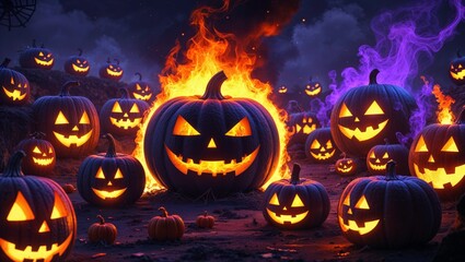 Glowing Jack-O'-Lanterns in a Burning Pumpkin Patch at Night