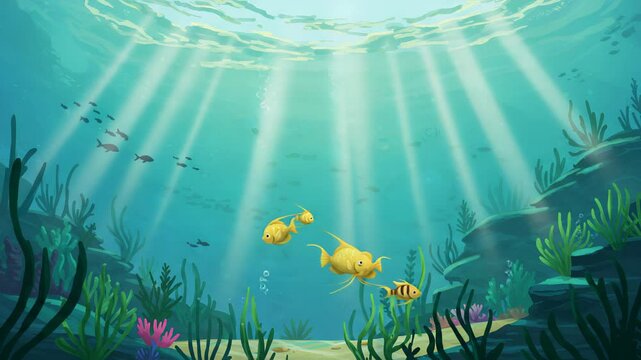 Fish Swimming Underwater with Sunbeams Animation Loop