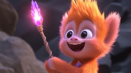 Animated pixie monkey holds a glowing mystical staff.