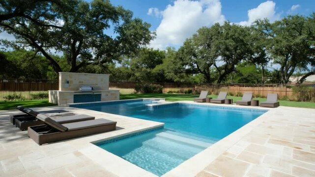 Luxurious backyard pool with patio and outdoor kitchen