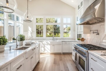 Fototapeta premium Luxury White Kitchen in Custom-built Model Home with Wood Accents