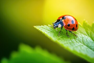 Fototapeta premium Macro Flower: Ladybug on Fresh Leaf - Beauty of Nature in Closeup