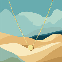 Minimalist gold necklace against abstract desert landscape