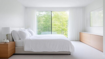 Modern bedroom with tranquil views.  A bright, minimalist bedroom features a large window offering a vista of lush green trees. Simple, light-toned furniture complements the white walls and bedding.