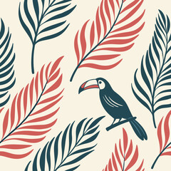 Seamless vector pattern with a toucan among tropical leaves  