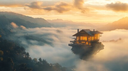 Dreamy sunrise over misty valley reveals a secluded mountaintop home