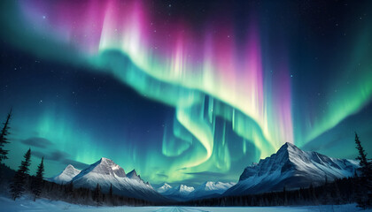 Majestic Aurora Borealis over Snowy Mountains
