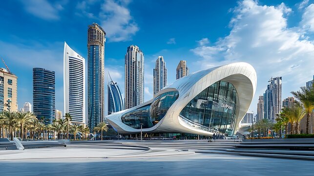 Futuristic cityscape showcasing contemporary architecture under a blue sky - Powered by Adobe