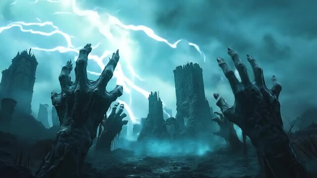 A group of hands reaching out of the ground in front of a stormy sky