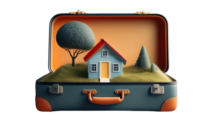 A suitcase with a tiny house inside, symbol of refugee crisis or displacement metaphor, isolated on transparent background