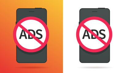No ads block on mobile cell phone app sign symbol icon simple red graphic illustration set, free cancel advertisement on cellphone smartphone blocker image clip art