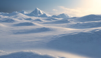 Vast, pristine arctic landscape under a pale,  sunrise.  Frozen peaks pierce the tranquil, white expanse
