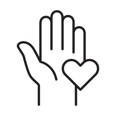 Obraz premium Palm hand with heart love symbol on it icon. Donation and charity icon. Symbol of fundraising, compassion, philanthropy, giving, care, humanity. Vector illustration.