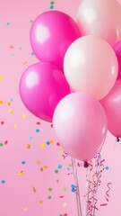 Colorful balloons hovering over pink background, confetti sprinkled, capturing festive birthday celebration mood