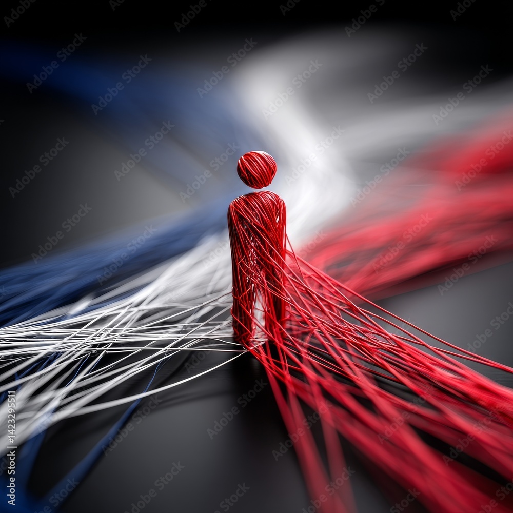 Poster Abstract Figure with Trailing Red, White, and Blue Lines on Dark Background - Conceptual Artwork