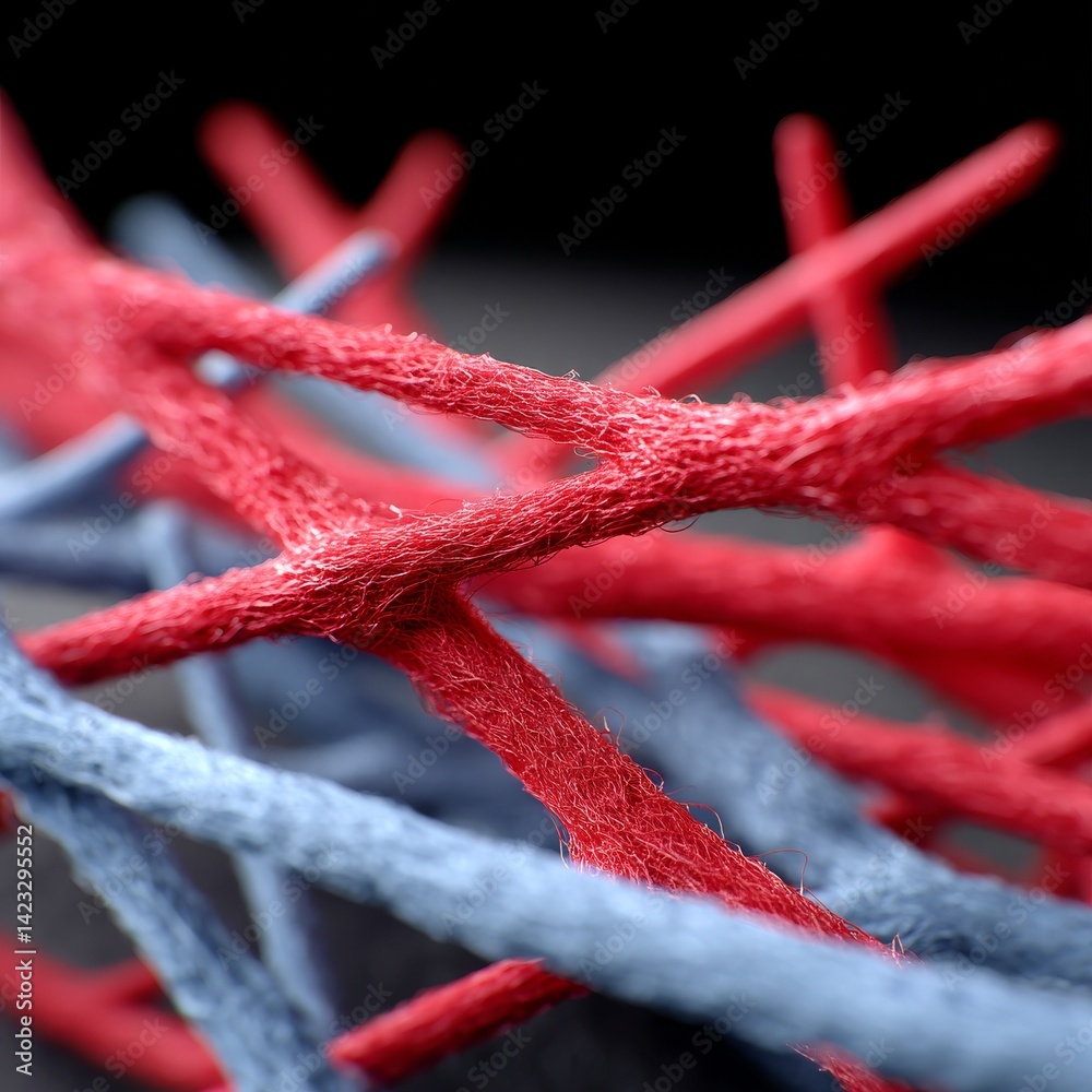 Aufkleber Abstract Macro View of Intertwined Red and Blue Fibers Against a Dark Background