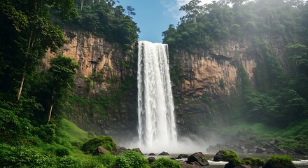 Fototapeta premium Tall Waterfall Through Rocky Cliffs with Green Vegetation