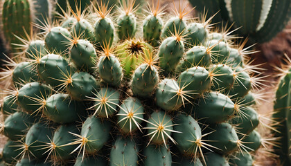 Close-up of a cactus cluster with numerous spines.  Densely packed, vibrant green, and light tan spines radiating outward from a central point