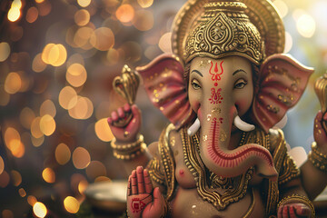 Bright holiday composition for happy Ganesh Chaturthi, abstract vivid composition consists of fictional unreal fantastic vision on background