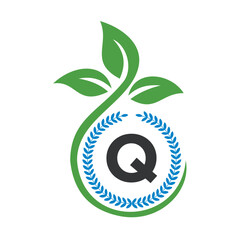 Eco Logo On Letter Q With Green Leaf and Ribbon Symbol