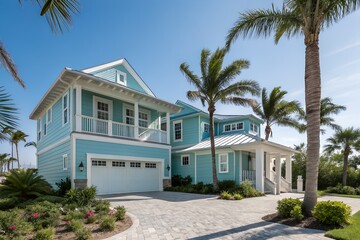 Coastal Florida home, blue exterior with crisp white accents, garage and palm-lined yard, bright sunny day with clear skies, inviting tropical atmosphere