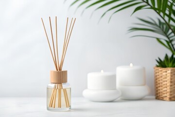 Oil diffuser stick mockup on white with reeds fanned out