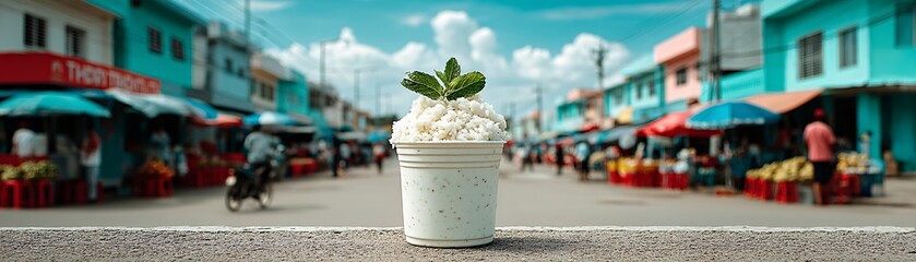 Fototapeta premium Street food edition of Tub Tim Krob, served in a clear plastic cup with crushed ice and coconut milk, garnished with a sprig of mint. Capturing the essence of Thai street food culture, lively market