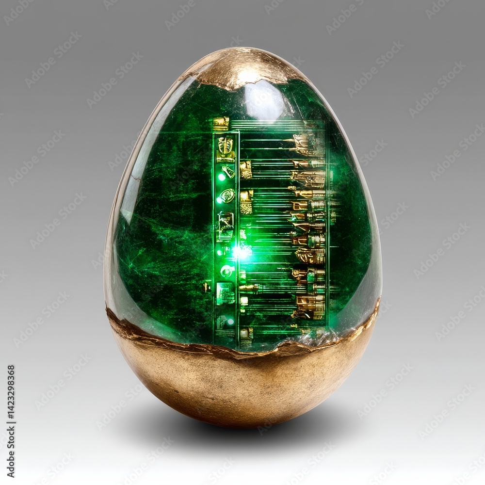 Aufkleber Emerald Enigma: A Glimpse into the Future Inside a Golden-Trimmed Egg with Intricate Circuits and Glowing Components