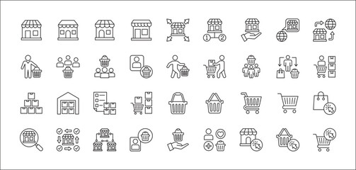 Online shop and store icon set. Consumer and goods icons. Set contains symbol of marketplace, network branch store, front shop, shopping basket, trolley, goods stock. vector illustration