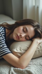 A tranquil scene captures a young woman with long, flowing hair, resting her head on a soft pillow, exuding calmness and serenity. The gentle light filtering through the window enhances the cozy