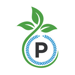 Eco Logo On Letter P With Green Leaf and Ribbon Symbol