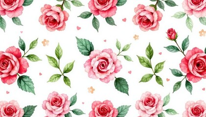 Delicate watercolor roses & leaves, repeating pattern , plant, red