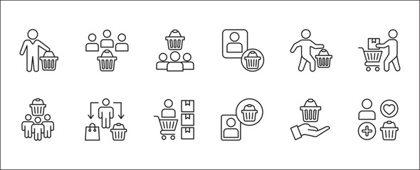Online shopping buyer icons. Consumer shop icon set. User shopper sign collection. Icon symbol contains people, goods, stock, shopper, buyer, trolley, shopping basket. Vector illustration