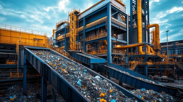 Large facility focuses on waste management with cutting-edge technology for sorting and processing diverse types of mixed waste efficiently. The plant operates with multiple conveyor systems.