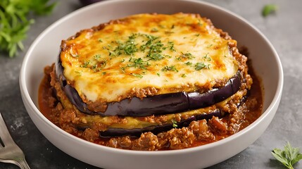 eggplant bowl of Greek moussaka with layers of A