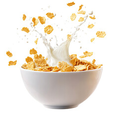 Breakfast cereal corn flakes with milk splash in bowl isolated on black background healthy food concept on transparent background