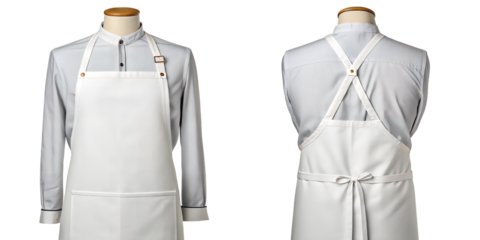 Apron's Elegant Aesthetics: A fashionably minimalistic, pristine white apron drapes over the smart shirt, offering a glimpse into design. Showcasing the style and elegance with impeccable taste.