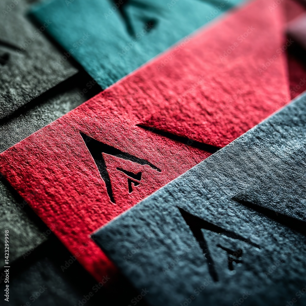 Poster macro shot of textured color paper with symbol cutouts, focus on red, unique design