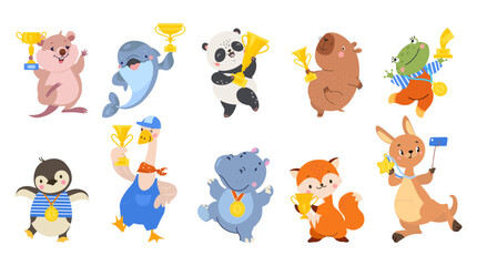 Animal with golden cup. Cartoon panda capybara frog goose fox holding medals and golden win trophy. Childish successful mascots, nowaday vector clipart