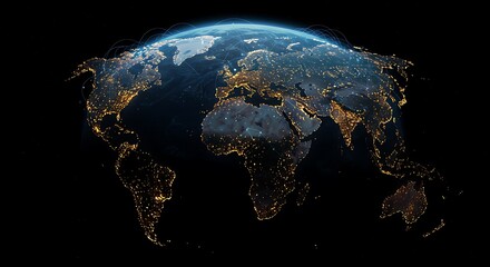 Our glowing Earth, a breathtaking nighttime view of interconnected cities and continents, shining brightly against the inky black of space.